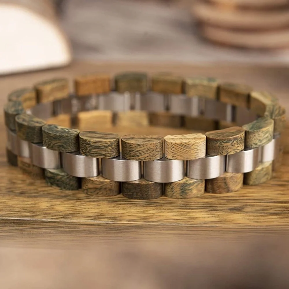 Mens GREEN Wood & Stainless Steel Combined Wooden bracelet *NEW* ARRIVES NEW
